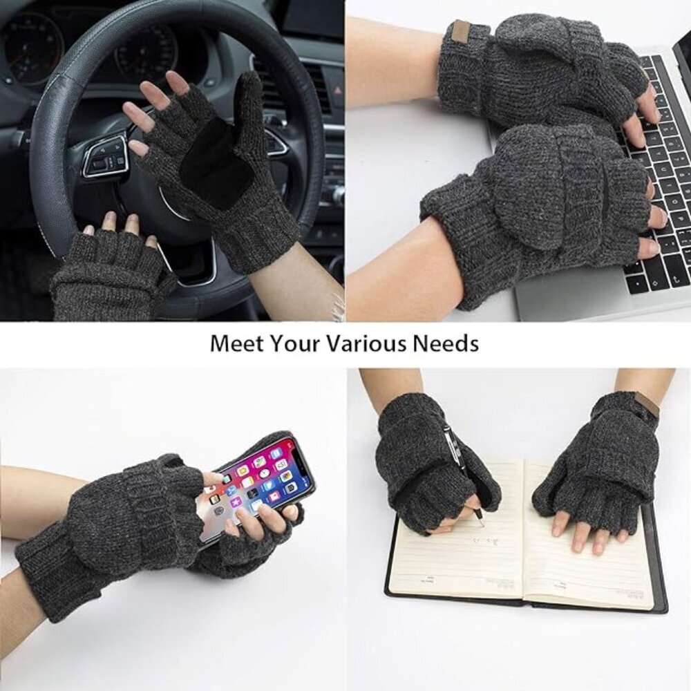 Half-Finger Flip Cover Gloves Wool Blend Knitted Winter Warm Gloves Men Women - Picture 4 of 6
